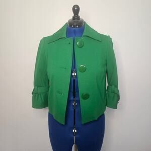 INC Green Wool Short Jacket with large buttons and sleeve tie buttons Size Small